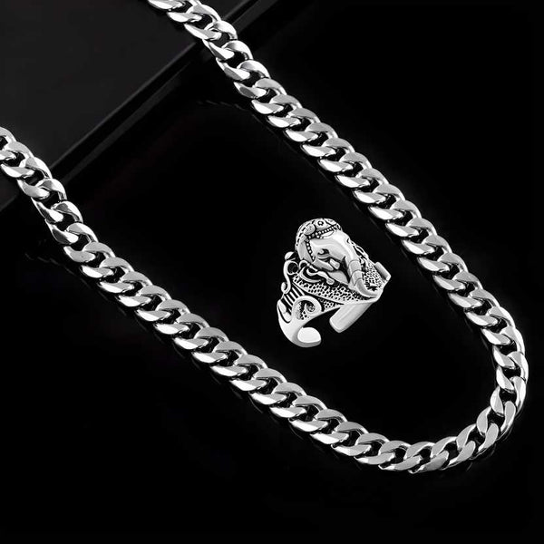 Silver plated chain with silver plated Ganpati shape adjustable ring combo set Rhodium Plated Stainless Steel Chain LASATECH