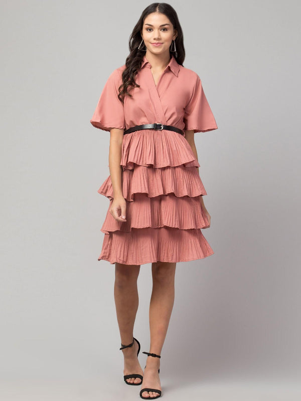 Oceanista Women's Crepe Solid Shirt Collar Flared Peach Short Dress LASATECH