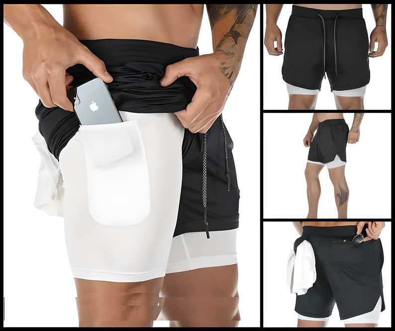 2 in 1 Running Shorts Built in Base Layer Pants Pocket LASATECH