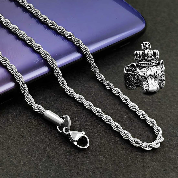 Silver plated chain with silver plated KGF LION shape adjustable ring combo set Rhodium Plated Stainless Steel Chain LASATECH
