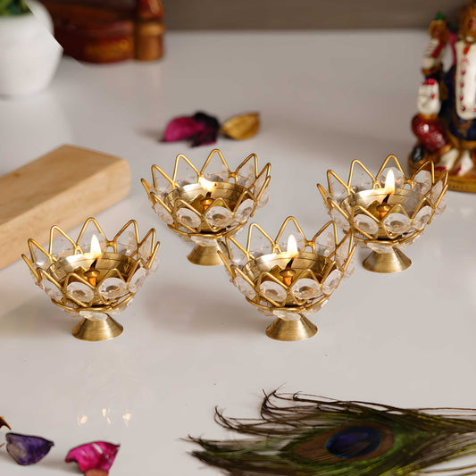 eCraftIndia Set of 4 Lotus Shape Crystal Tea Light Holder LASATECH