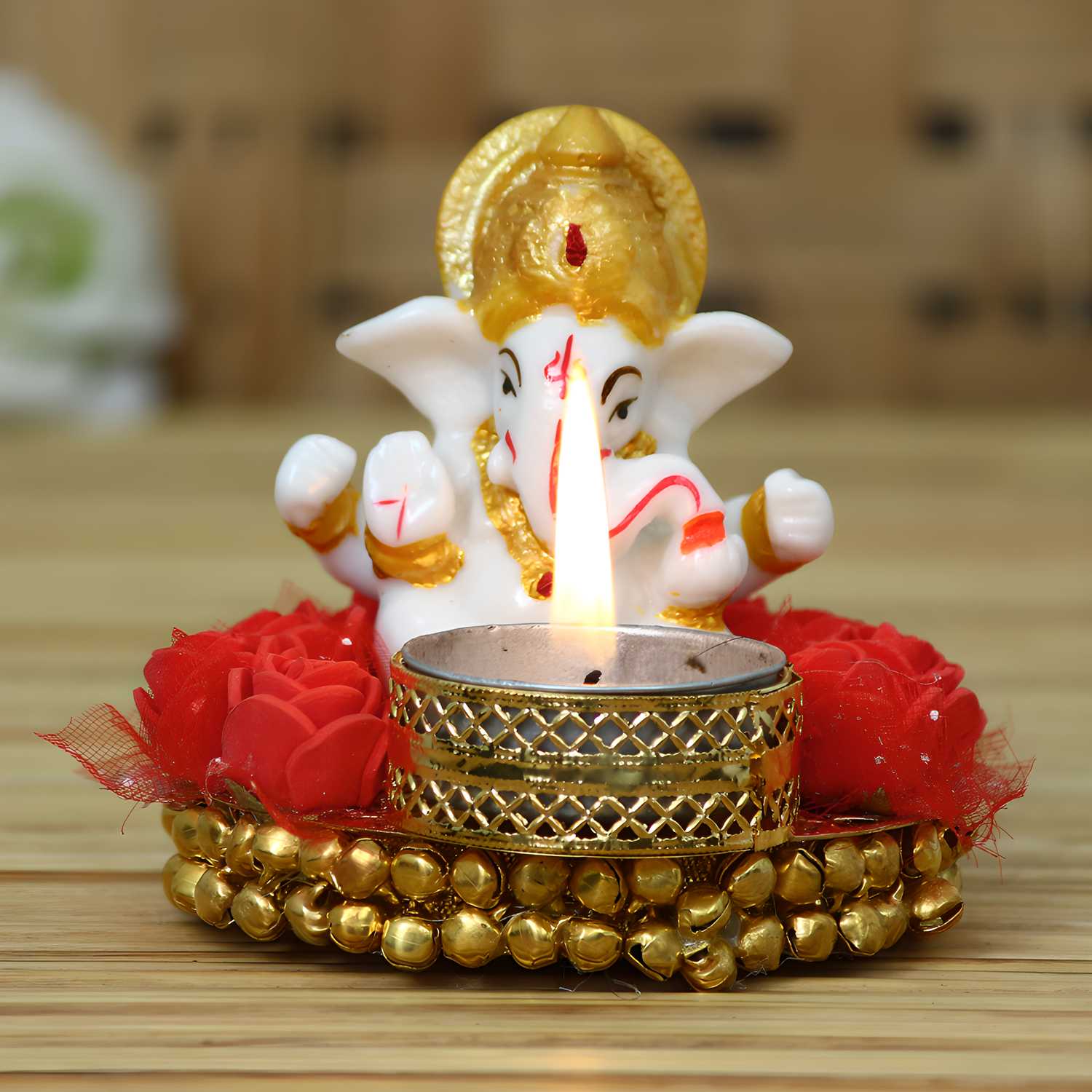 eCraftIndia Lord Ganesha Idol on Decorative Plate with Tea Light Holder LASATECH