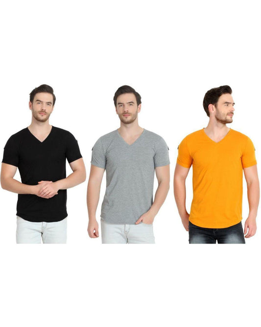 Cotton Blend Solid Half Sleeves Stylish Neck Mens T-Shirt Pack Of 3 LASATECH