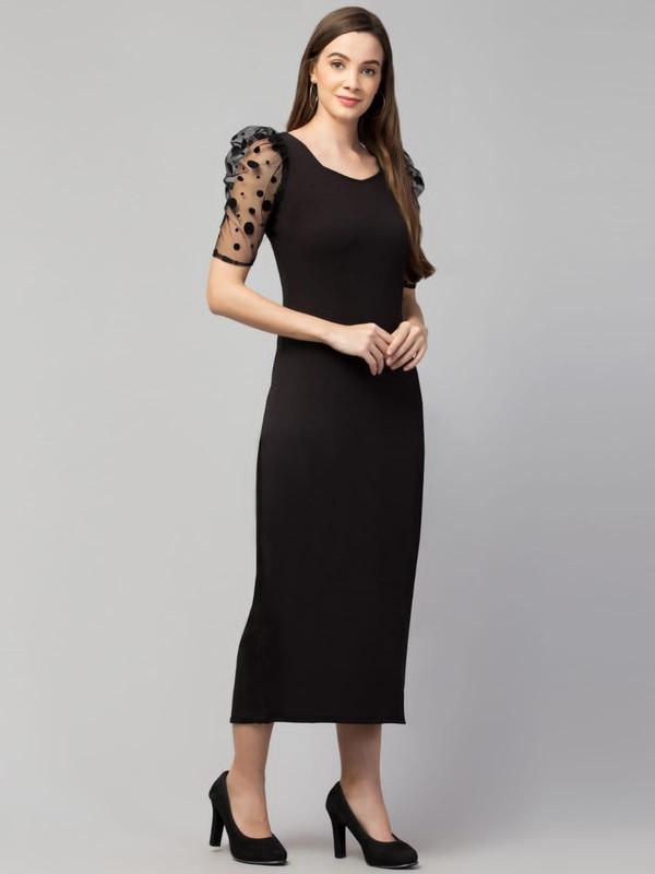 Women's Valentino Solid Puff Sleeves Bodycon Midi Dress LASATECH