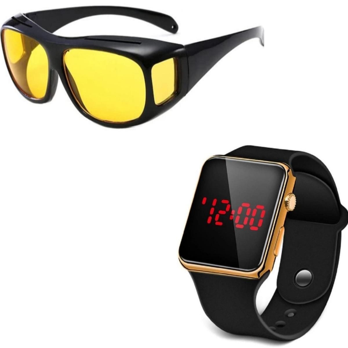 Fidato Day & Night HD Vision Wrap Around Goggles + Free Golden Digital Watch LASATECH