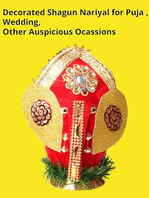 Handmade Lord Ganesha Decorated Coconut Shagun Nariyal With Stand + 1 Acrylic Leaf Shape Puja Thali + 1 Tilak (Set Of 3) LASATECH