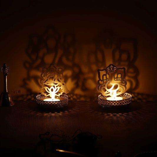 eCraftIndia Lord Ganesha and Laxmi Shadow Tea Light Holder LASATECH