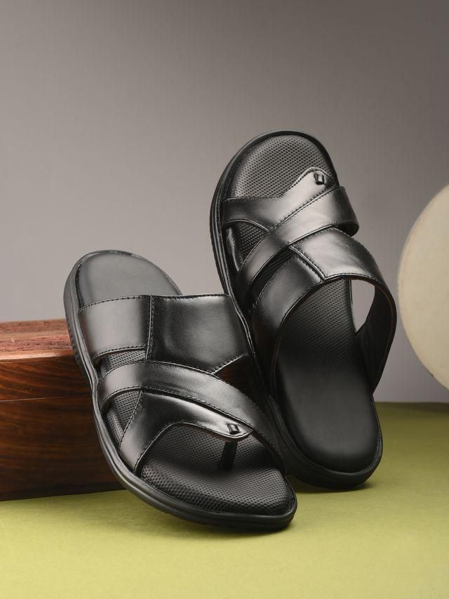 Mens Puffy Cloud Black Leather Slippers LASATECH