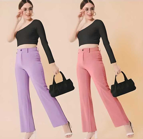 Elegant Lavender & Peach Lycra Solid Trousers Combo For Women LASATECH