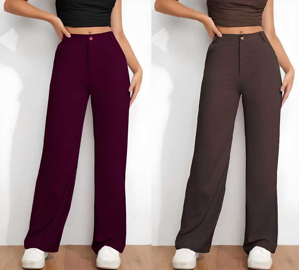 Combo of Women's Flat Front Casual Trousers (Pack of 2) LASATECH