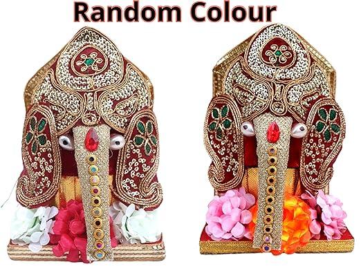 Handmade Lord Ganesha Decorated Coconut Shagun Nariyal Gola With Chowki And Flowers (Pack Of 1) LASATECH