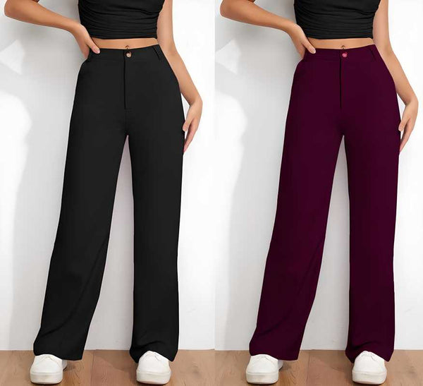 Combo of Women's Flat Front Casual Trousers (Pack of 2) LASATECH
