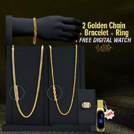 Pack Of 2 Golden Chain With Golden Bracelet And Diamond Ring + Free Digital Watch Combo LASATECH