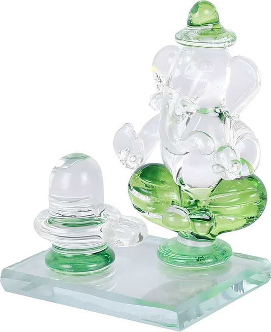 Crystal Ganesh Idol with Shivling Design Divine Car Dashboard Showpiece - 6.5 cm��(Crystal, Green) LASATECH