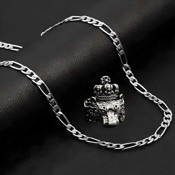 Silver plated chain with silver plated KGF LION shape adjustable ring combo set Rhodium Plated Stainless Steel Chain LASATECH