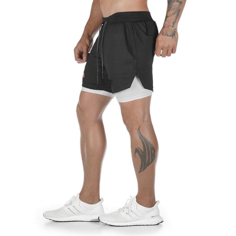 2 in 1 Running Shorts Built in Base Layer Pants Pocket LASATECH