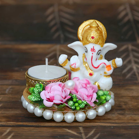 eCraftIndia Lord Ganesha Idol on Decorative Plate with Tea Light Holder LASATECH