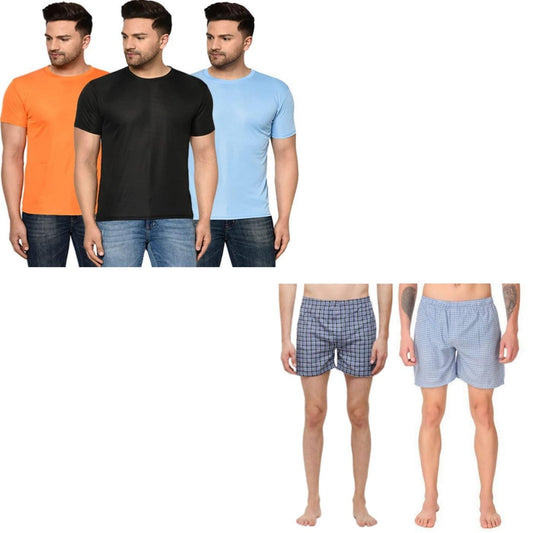 Fidato Men's Pack Of -3 Half Sleeves Round Neck T-shirt With Pack Of-2 Men's Boxers LASATECH