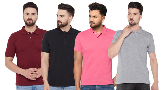 Cotton Blend Solid Half Sleeves Mens Polo Neck T-Shirt (Pack of 4) LASATECH