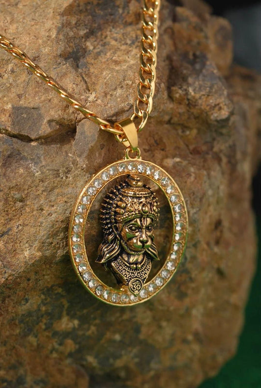 Gold-plated Hanuman Face Diamond Alloy Pendant Locket Set LASATECH