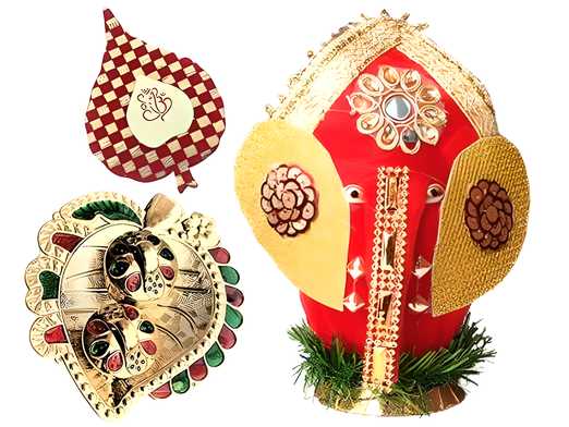 Handmade Lord Ganesha Decorated Coconut Shagun Nariyal With Stand + 1 Acrylic Leaf Shape Puja Thali + 1 Tilak (Set Of 3) LASATECH