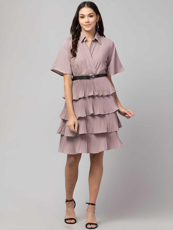 Oceanista Women's Crepe Solid Shirt Collar Flared Purple Short Dress LASATECH