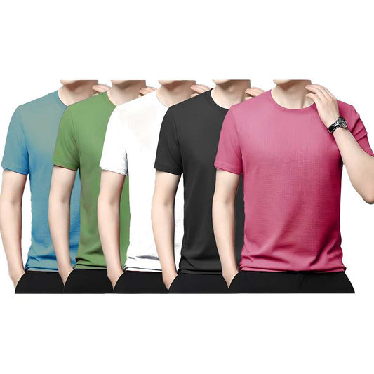 Polyester Stretchable Solid Half Sleeves Mens Round Neck T-Shirt Pack Of 5 LASATECH