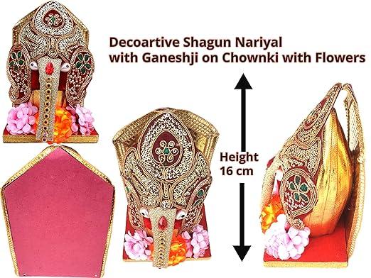 Handmade Lord Ganesha Decorated Coconut Shagun Nariyal Gola With Chowki And Flowers (Pack Of 1) LASATECH