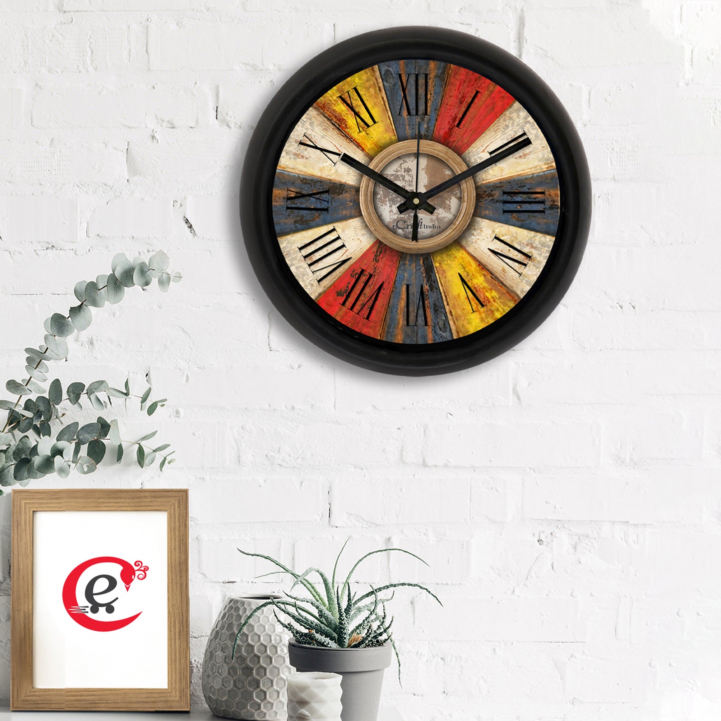 eCraftIndia Rustic Multicolor Designer Round Analog Black Wall Clock LASATECH