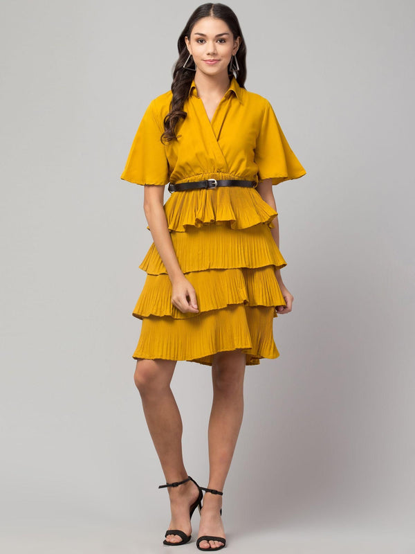Oceanista Women's Crepe Solid Shirt Collar Flared Mustard Short Dress LASATECH