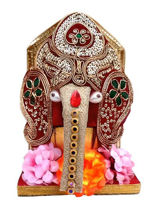 Handmade Lord Ganesha Decorated Coconut Shagun Nariyal Gola With Chowki And Flowers (Pack Of 1) LASATECH