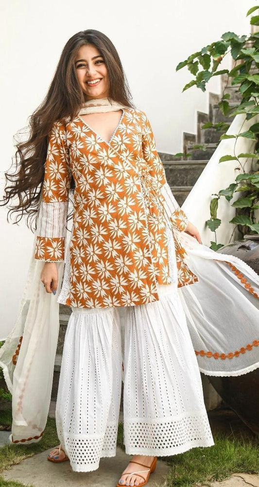 Anarkali Pattern Cotton Kurti with Lace & Tassel Details, Shifley Sharara, and Chiffon Dupatta