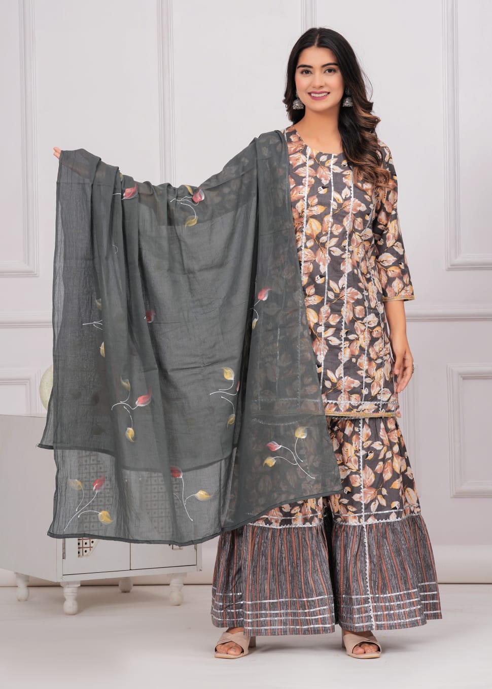 Cotton 6060 Straight Kurti with Cotton 6060 Sharara and Brush Print Dupatta