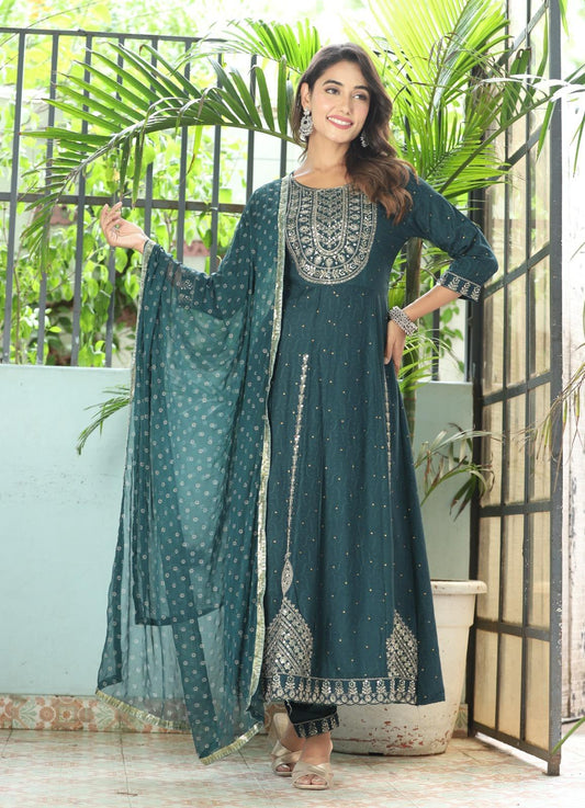 Anarkali Kurta Pant & Dupatta Set with Embroidery and Lace Work