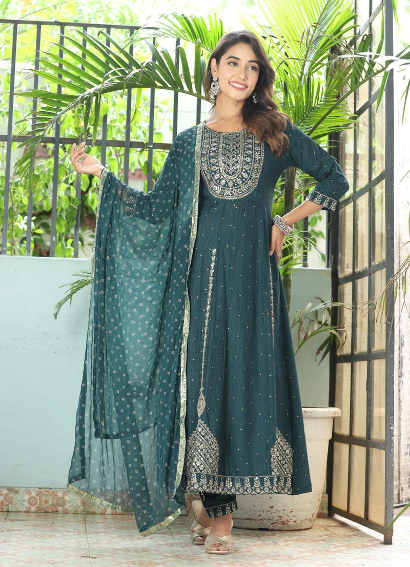 Anarkali Kurta Pant & Dupatta Set with Embroidery and Lace Work