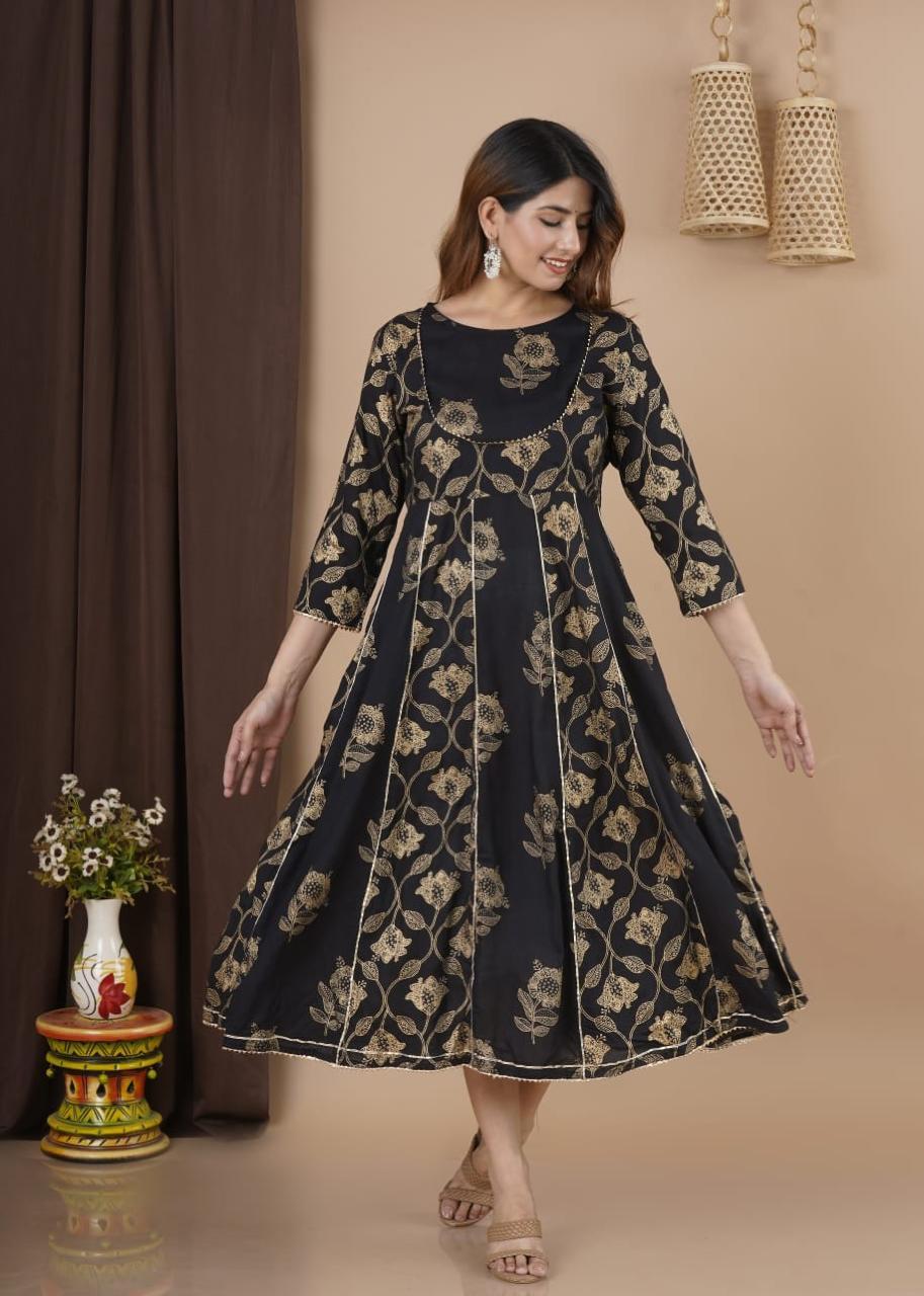 Rayon Gold Print Anarkali Gown with Gotta Lace Work