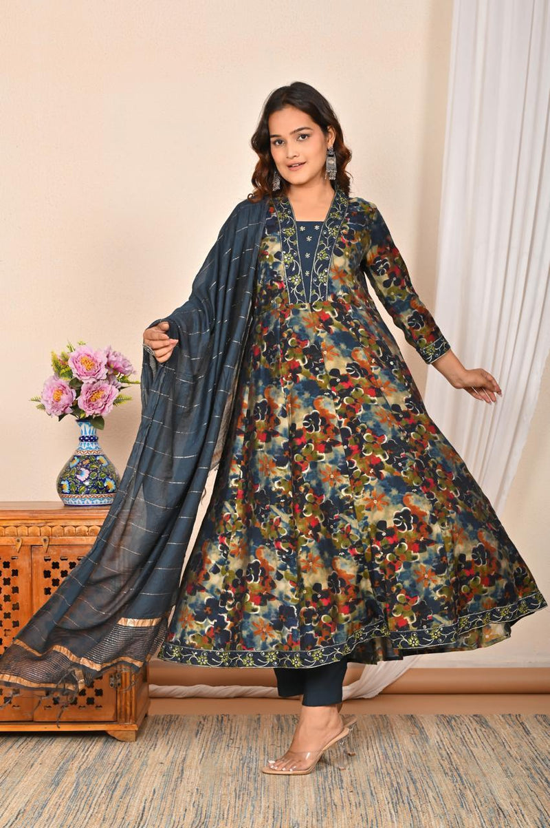 Anarkali Kurta Pant & Dupatta Set - Muslin Modal Suit Set with Embroidery Work