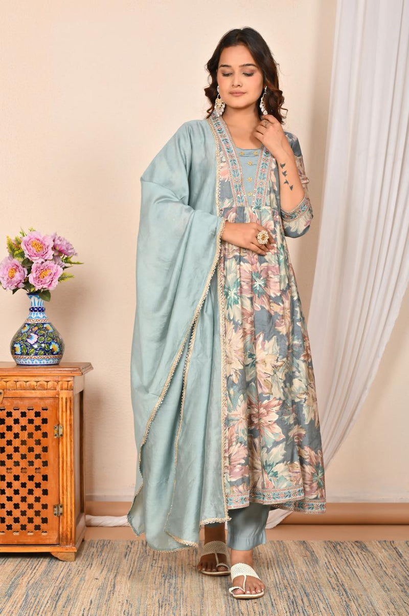 Anarkali Kurta Pant & Dupatta Set - Muslin Modal Suit Set with Embroidery Work