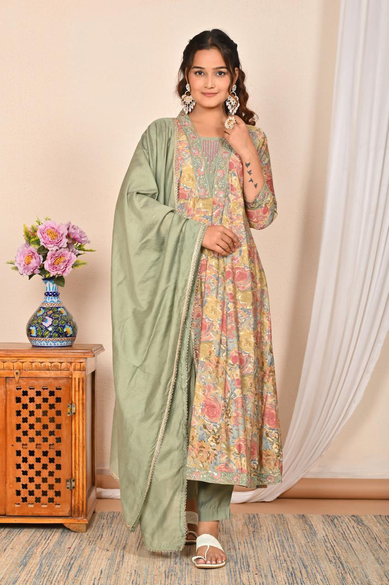 Anarkali Kurta Pant & Dupatta Set - Muslin Modal Suit Set with Embroidery Work