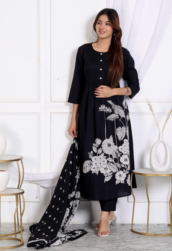 Block Print Cotton Kurta Pant Dupatta Set with Embroidery Work
