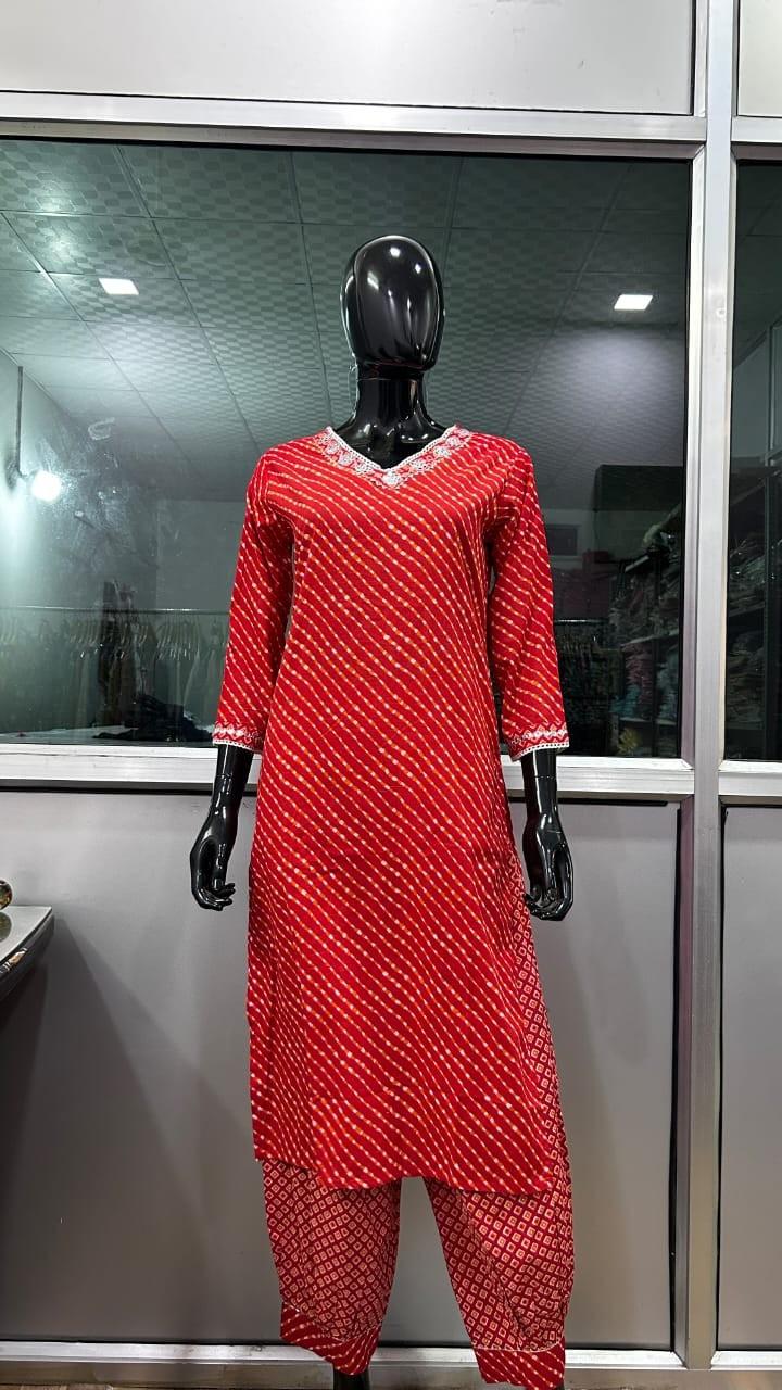 Leheriya Cotton Kurti with Afgani Pant