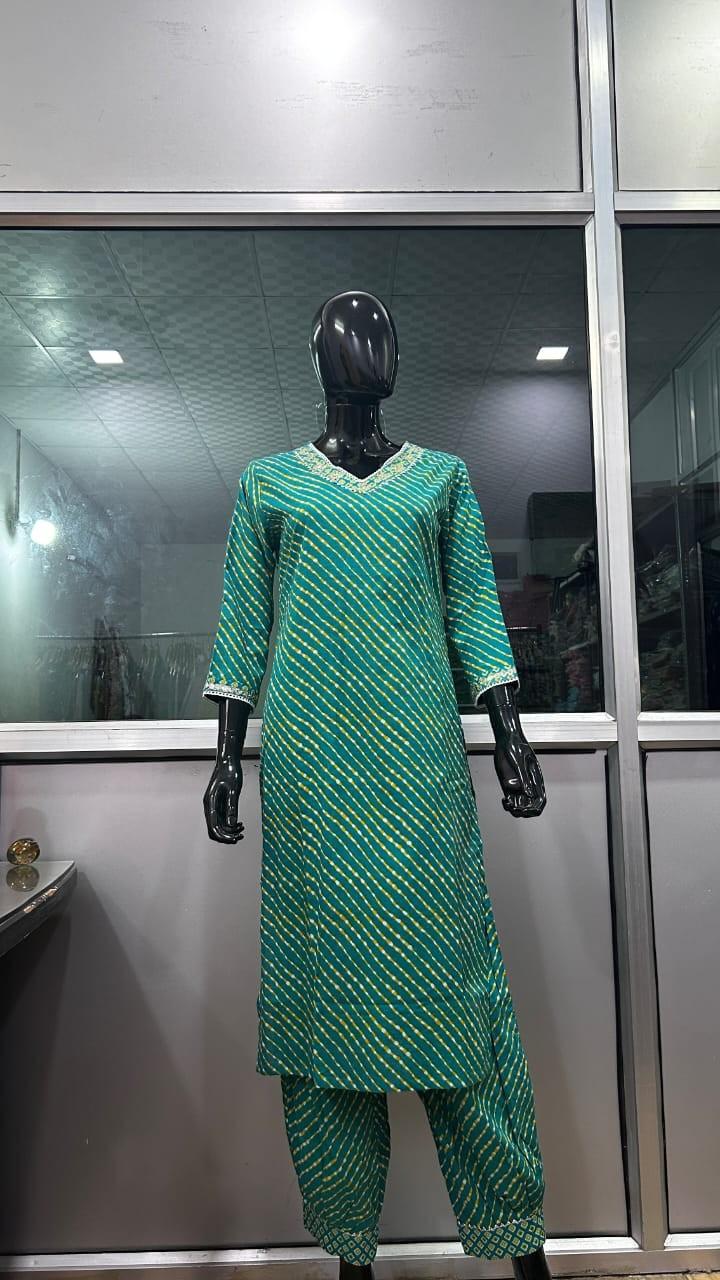 Leheriya Cotton Kurti with Afgani Pant